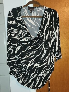Dana Buchman Black & White Zebra-Print Drape Neck Blouse